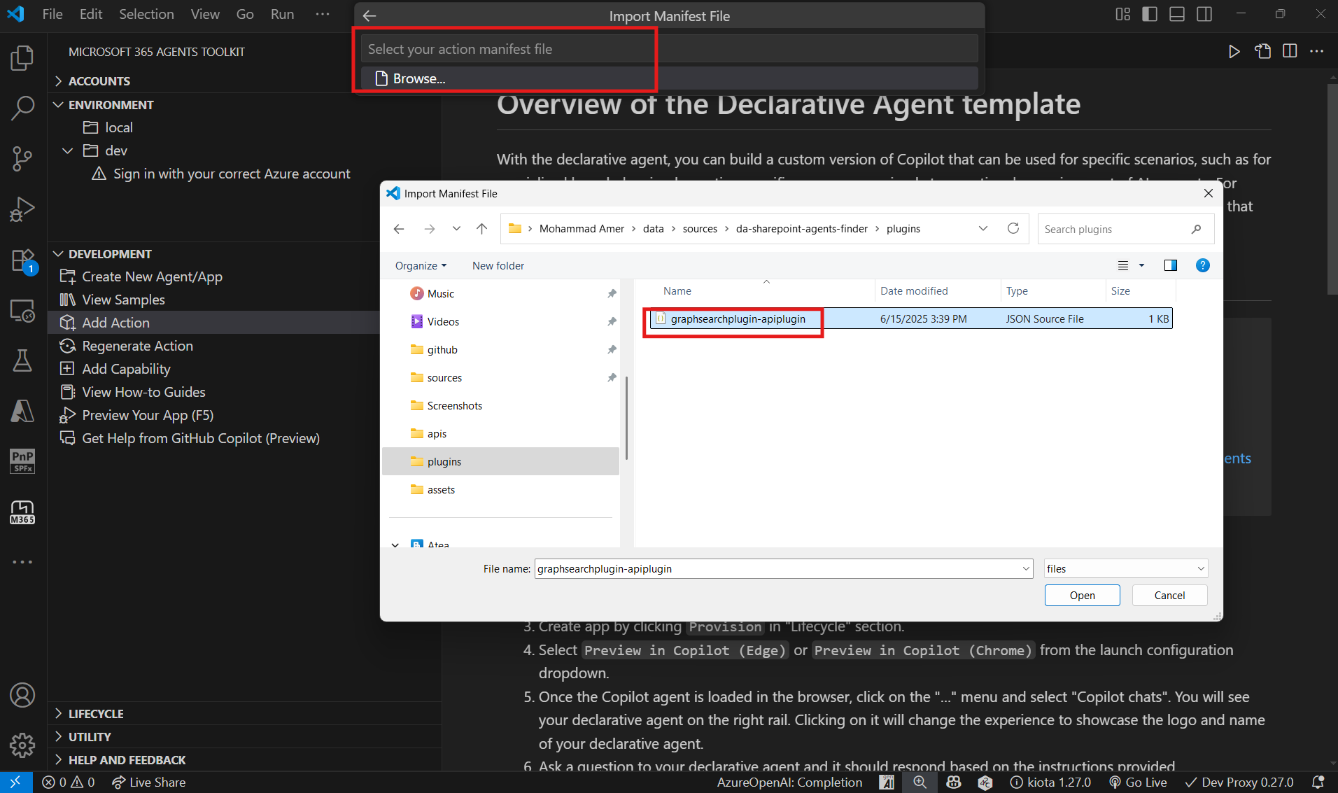 Import the plugin with Microsoft 365 Agents Toolkit