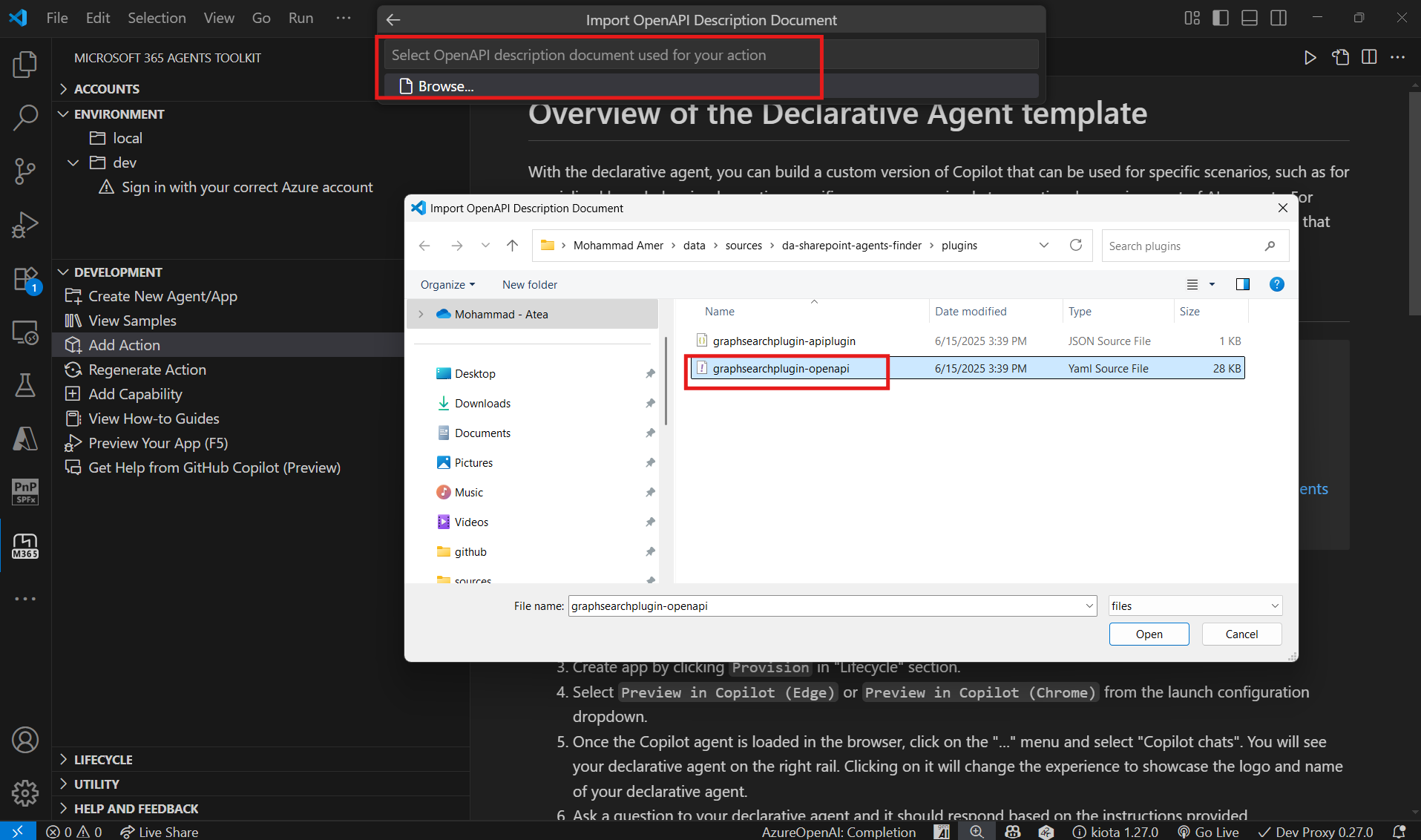 Import the plugin with Microsoft 365 Agents Toolkit