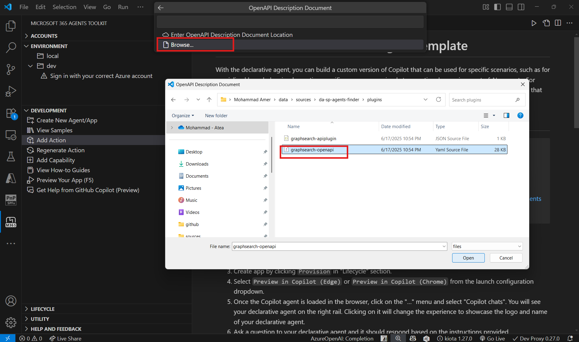 Import the plugin with Microsoft 365 Agents Toolkit